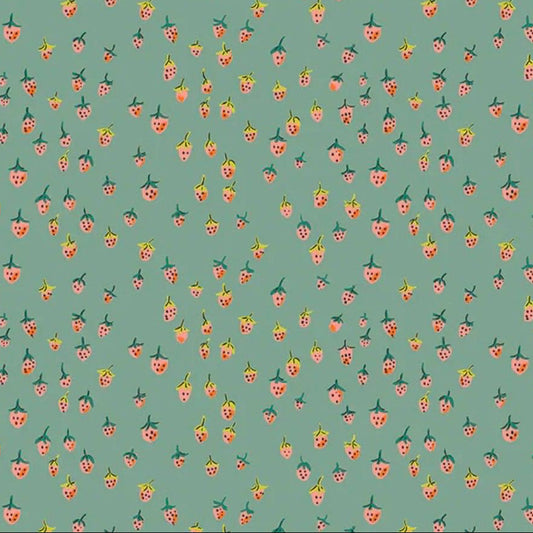 In Stock! JUNE 2026 || Windham Fabrics - Heather Ross - Heather Ross Favorites - Field Strawberries Teal - Sold by Half Yard
