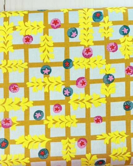 Penny Jeffries, Blostma & Song, Small Blueberry Dancefloor Mustard, PWPE003.MUSTARD, Free Spirit Fabric, Sold by Half Yard