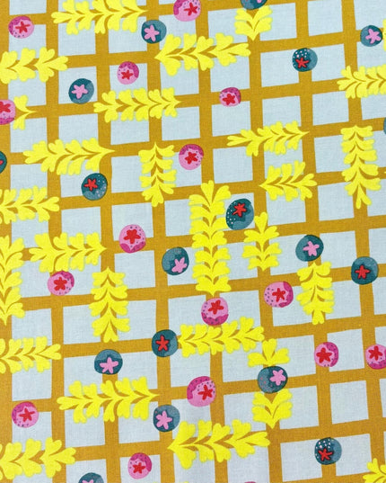 Penny Jeffries, Blostma & Song, Small Blueberry Dancefloor Mustard, PWPE003.MUSTARD, Free Spirit Fabric, Sold by Half Yard