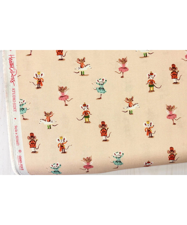 Heather Ross Studio Edit Nutcracker Mice on Peach 50166D-3, Windham Fabric, Cotton, Sold by the Half Yard
