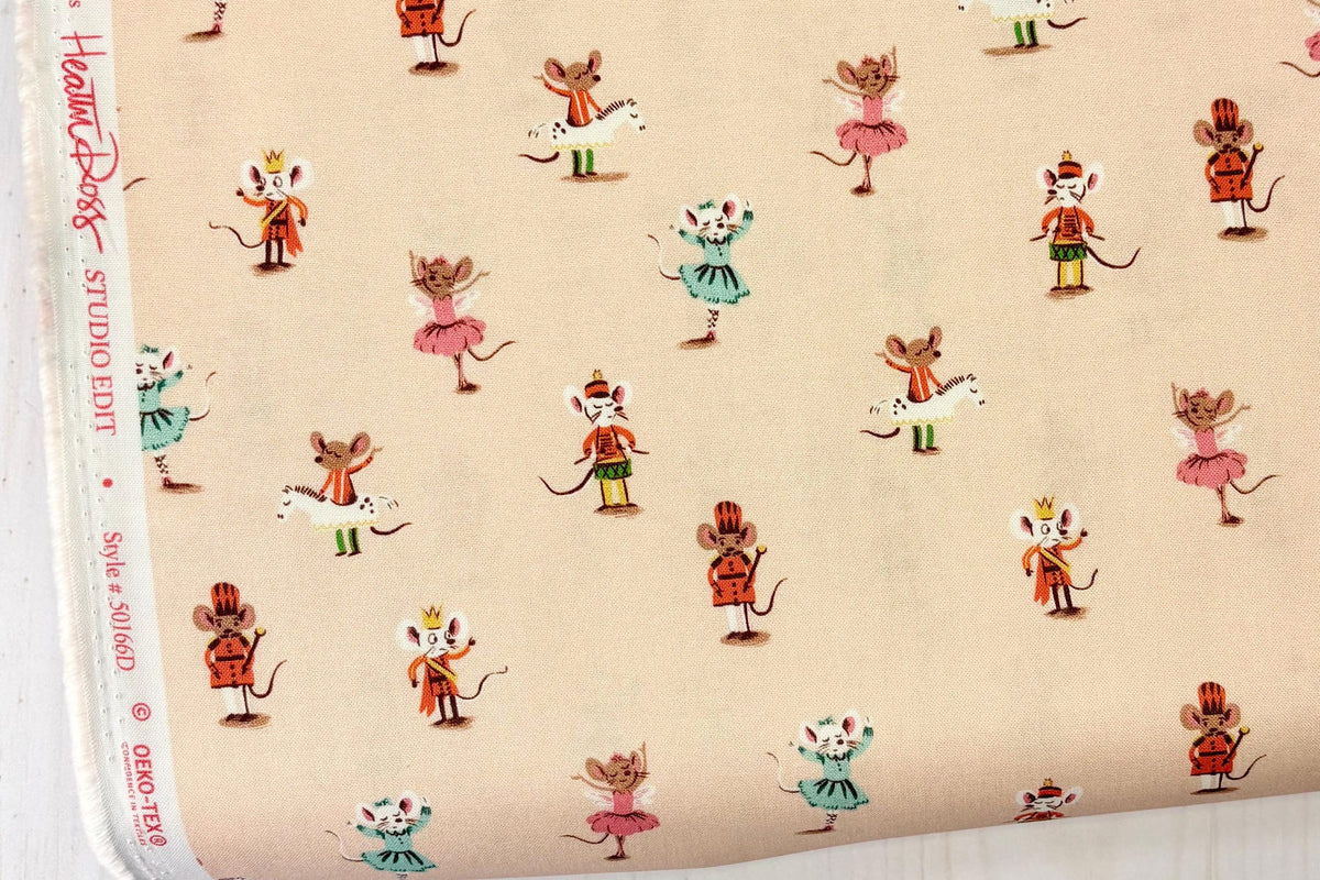 Heather Ross Studio Edit Nutcracker Mice on Peach 50166D-3, Windham Fabric, Cotton, Sold by the Half Yard