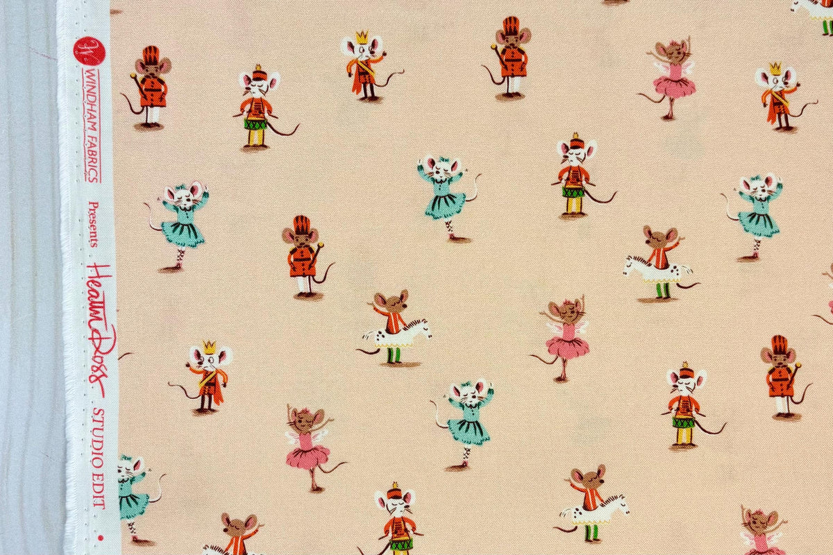 Heather Ross Studio Edit Nutcracker Mice on Peach 50166D-3, Windham Fabric, Cotton, Sold by the Half Yard
