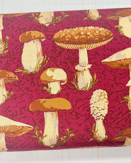 Martha Negley Forage, Forest - Magenta, Free Spirit Fabric, Mushrooms, Cotton Fabric, Sold by the Half Yard