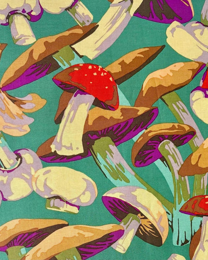 Martha Negley Forage, Mushroom Medley - Green, Free Spirit Fabric, Mushrooms, Cotton Fabric, Sold by the Half Yard