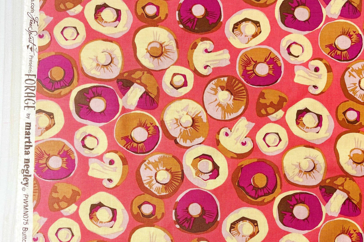 Martha Negley Forage, Button Mushroom - Pink, Free Spirit Fabric, Mushrooms, Cotton Fabric, Sold by the Half Yard