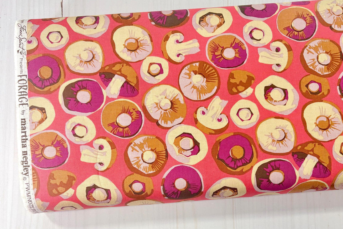 Martha Negley Forage, Button Mushroom - Pink, Free Spirit Fabric, Mushrooms, Cotton Fabric, Sold by the Half Yard