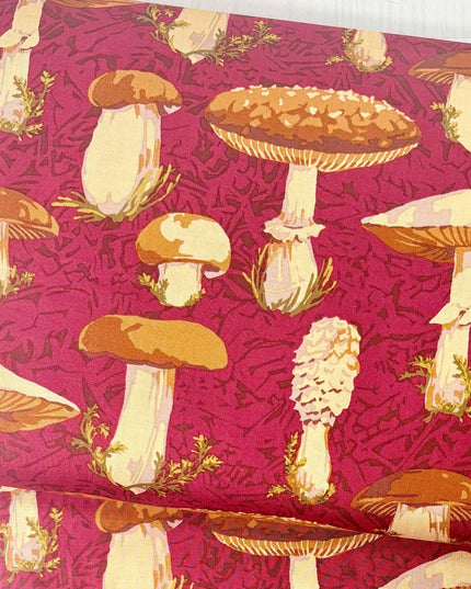Martha Negley Forage, Forest - Magenta, Free Spirit Fabric, Mushrooms, Cotton Fabric, Sold by the Half Yard