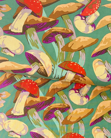 Martha Negley Forage, Mushroom Medley - Green, Free Spirit Fabric, Mushrooms, Cotton Fabric, Sold by the Half Yard