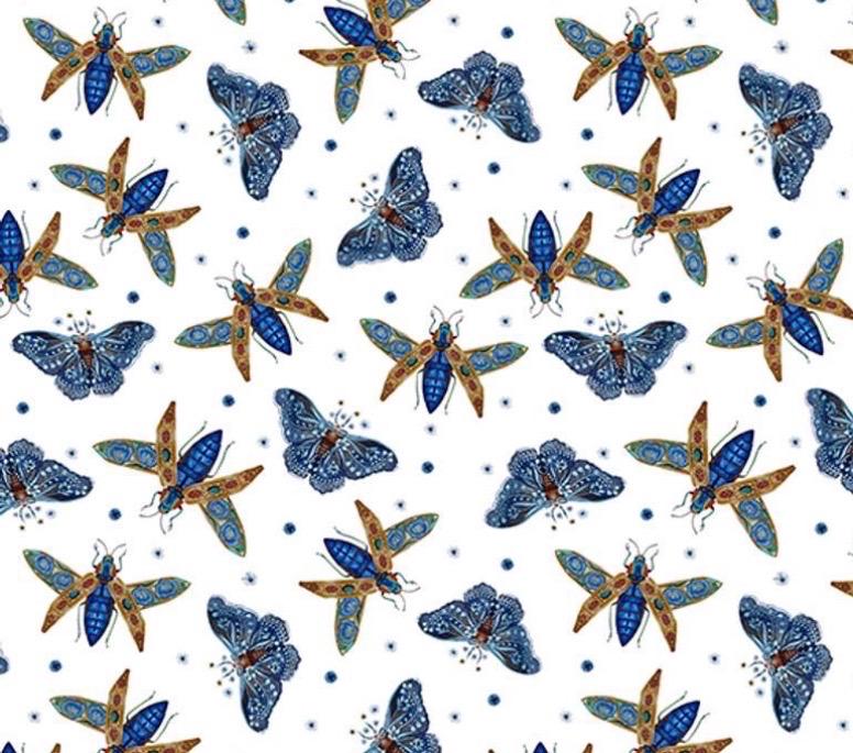 Flying Wonders, Blue - Maria Matos, Nocturnal Creatures, Quilt Fabric 100% Cotton Sold by the Half Yard