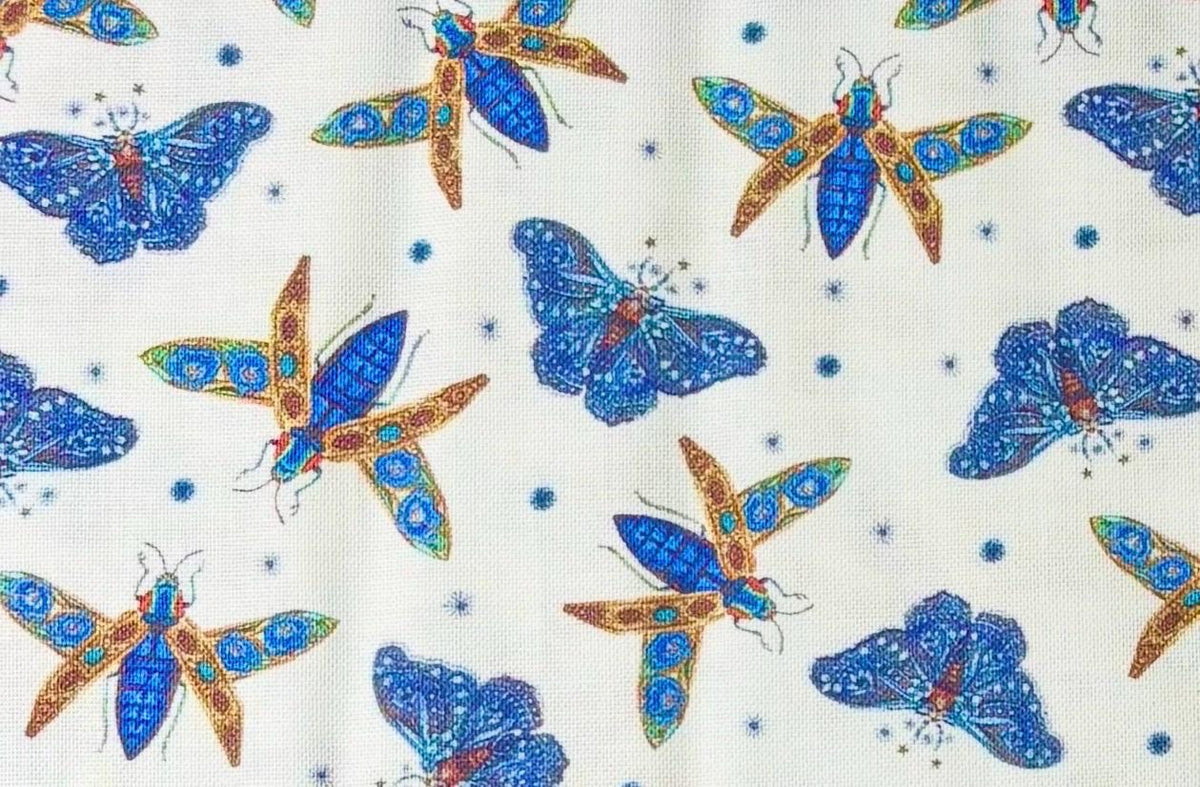 Flying Wonders, Blue - Maria Matos, Nocturnal Creatures, Quilt Fabric 100% Cotton Sold by the Half Yard