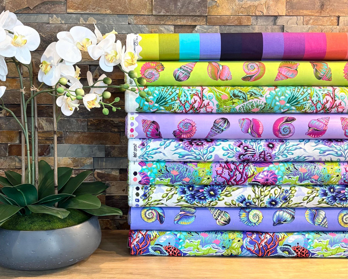 Tula Pink Floral Reef Shadow Sharks Ultraviolet PWTP267, Free Spirit Fabric, Ocean, 100% Cotton Fabric, Sold by the Half Yard