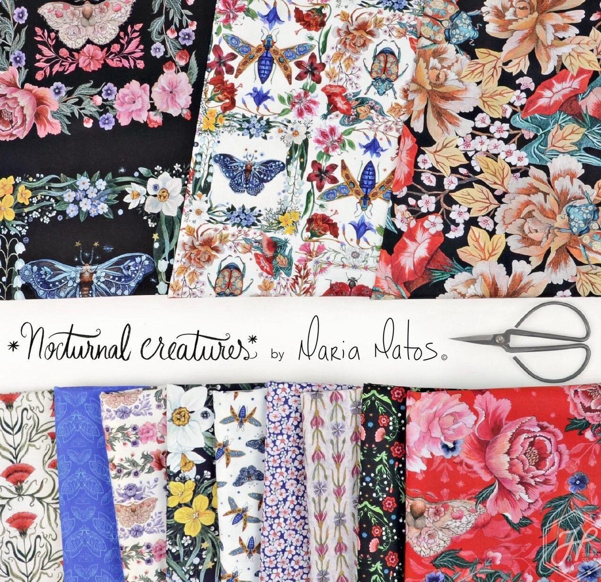 Flying Wonders, Blue - Maria Matos, Nocturnal Creatures, Quilt Fabric 100% Cotton Sold by the Half Yard