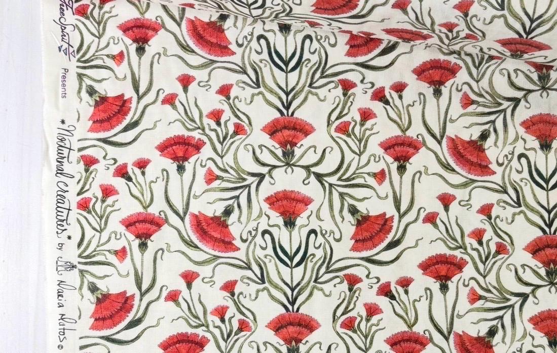 Carnation, White - Maria Matos, Nocturnal Creatures, Quilt Fabric 100% Cotton By the Half Yard