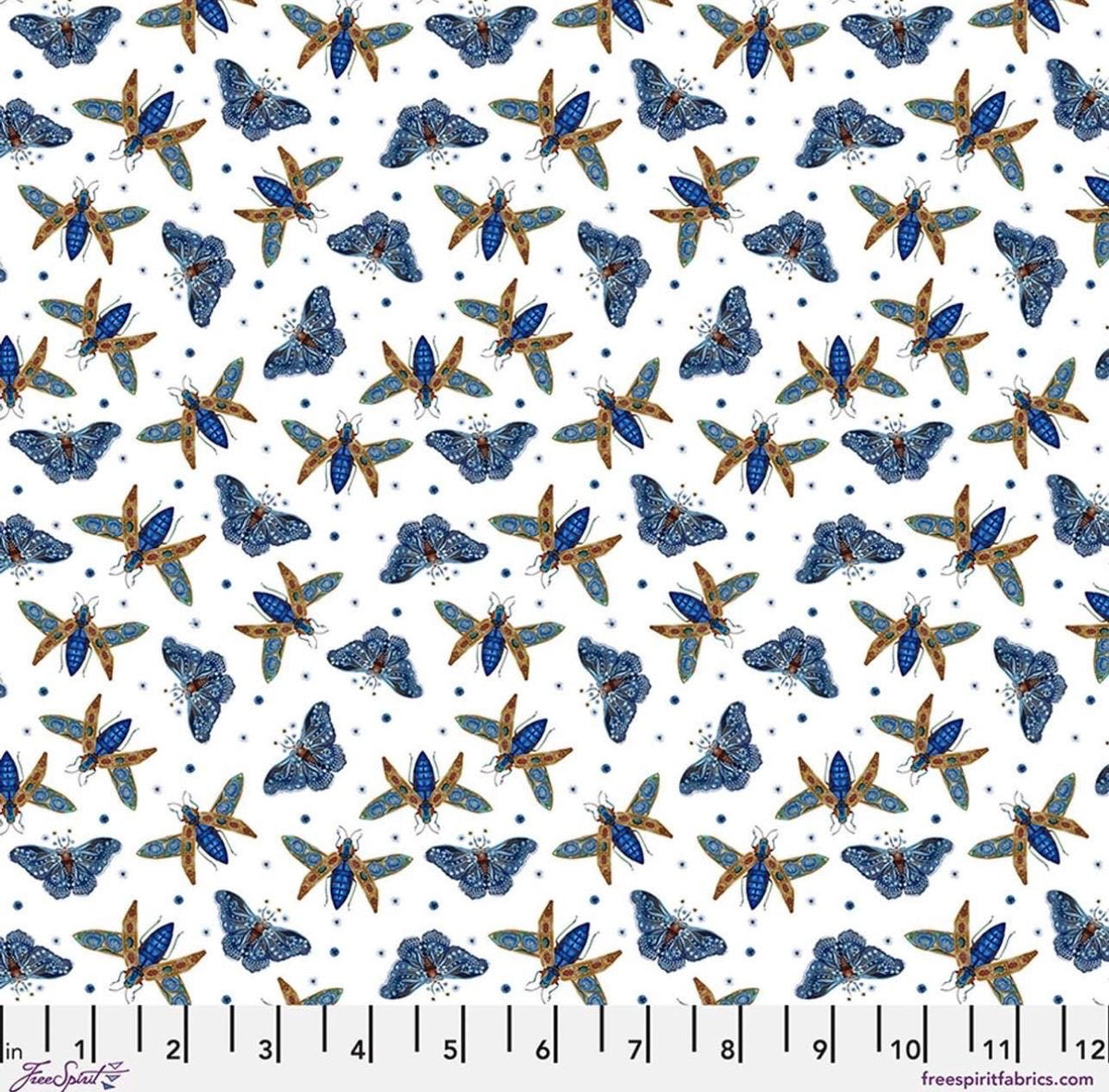 Flying Wonders, Blue - Maria Matos, Nocturnal Creatures, Quilt Fabric 100% Cotton Sold by the Half Yard