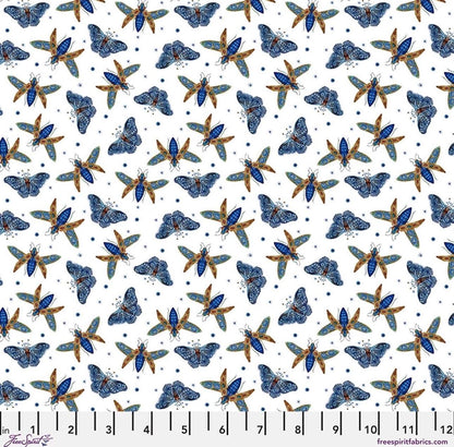 Flying Wonders, Blue - Maria Matos, Nocturnal Creatures, Quilt Fabric 100% Cotton Sold by the Half Yard