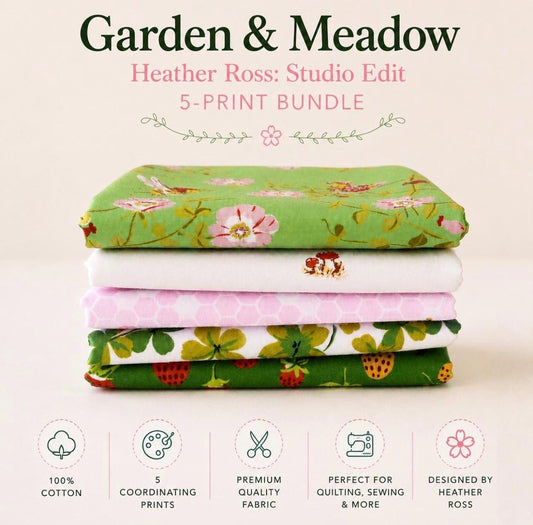 Heather Ross Garden & Meadow Fabric Bundle – Studio Edit by Windham Fabrics – Clover Strawberry Bee Mushroom Prints