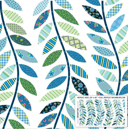 Made Easy Blue Leafy Vine Cheater SKU 54464D-2 By Denyse Schmidt Windham - Sold by Half Yard