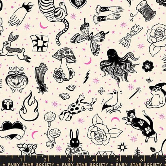 PRE-ORDER, Sarah Watts Ink Shop Natural RS2145-11, Ruby Star Society, Flash Icons Tattoo, 100% Cotton, October 2026 Release, Half Yard