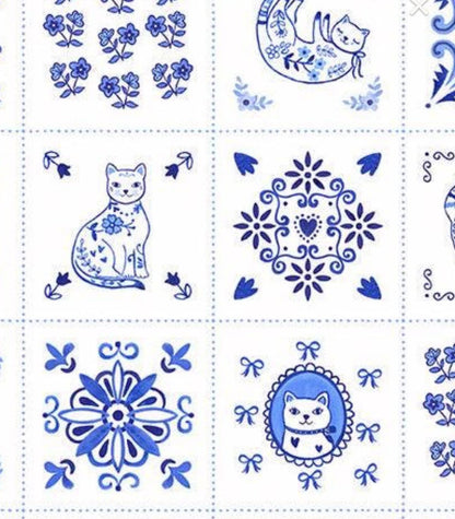 Chateau Meow | Tiny Tiles - White/Blue by Whistler Studios for Windham Fabrics | 55342-1 | Quilting Cotton by the Half Yard