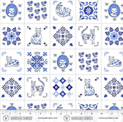 Chateau Meow | Tiny Tiles - White/Blue by Whistler Studios for Windham Fabrics | 55342-1 | Quilting Cotton by the Half Yard