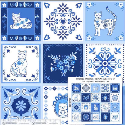 Tails and Tiles Panel in White Blue (55341d-1) | Chateau Meow | Whistler Studios | Windham | 34 inch Panel