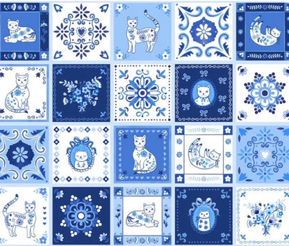 Tails and Tiles Panel in White Blue (55341d-1) | Chateau Meow | Whistler Studios | Windham | 34 inch Panel