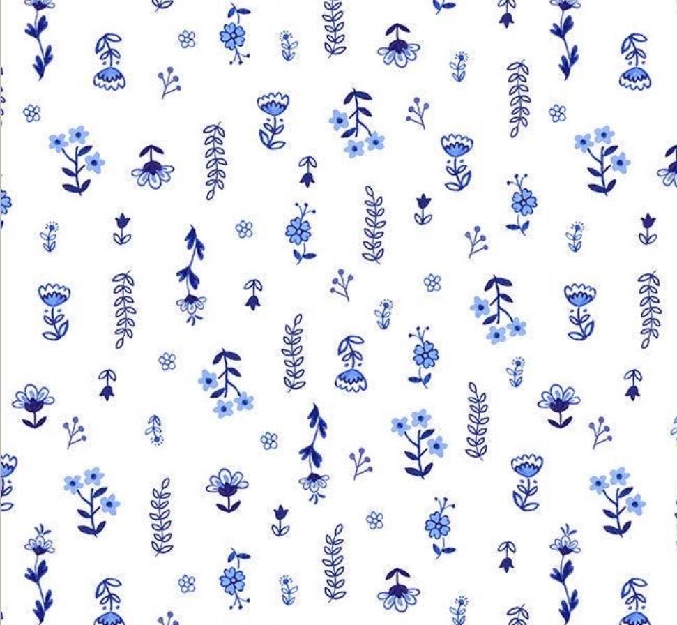 Painted Florals in White Blue (55346-1) | Chateau Meow | Whistler Studios | Windham | Sold by the Half Yard
