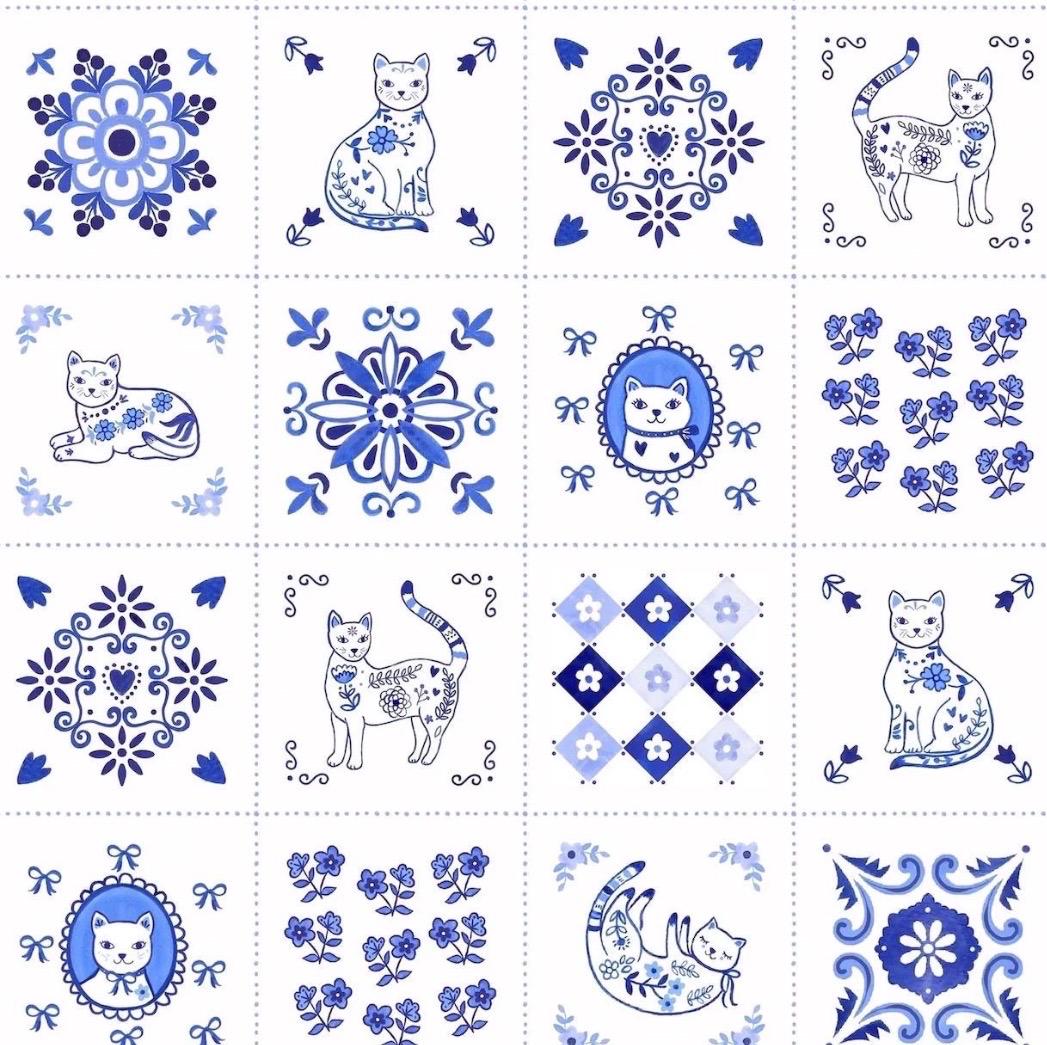 Chateau Meow | Tiny Tiles - White/Blue by Whistler Studios for Windham Fabrics | 55342-1 | Quilting Cotton by the Half Yard