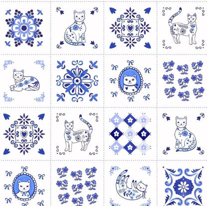 Chateau Meow | Tiny Tiles - White/Blue by Whistler Studios for Windham Fabrics | 55342-1 | Quilting Cotton by the Half Yard