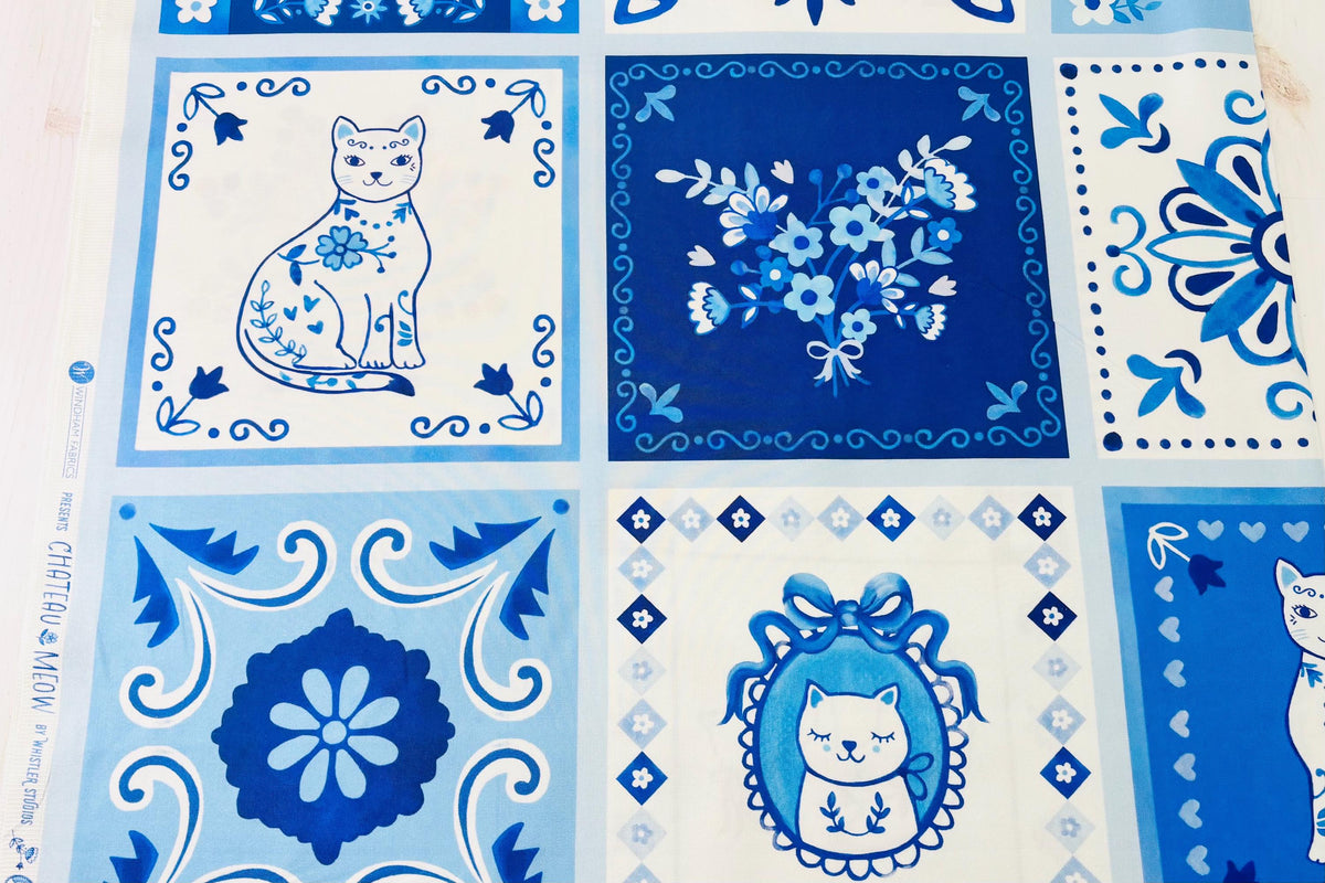 Tails and Tiles Panel in White Blue (55341d-1) | Chateau Meow | Whistler Studios | Windham | 34 inch Panel
