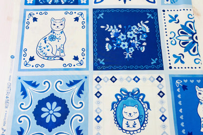 Tails and Tiles Panel in White Blue (55341d-1) | Chateau Meow | Whistler Studios | Windham | 34 inch Panel