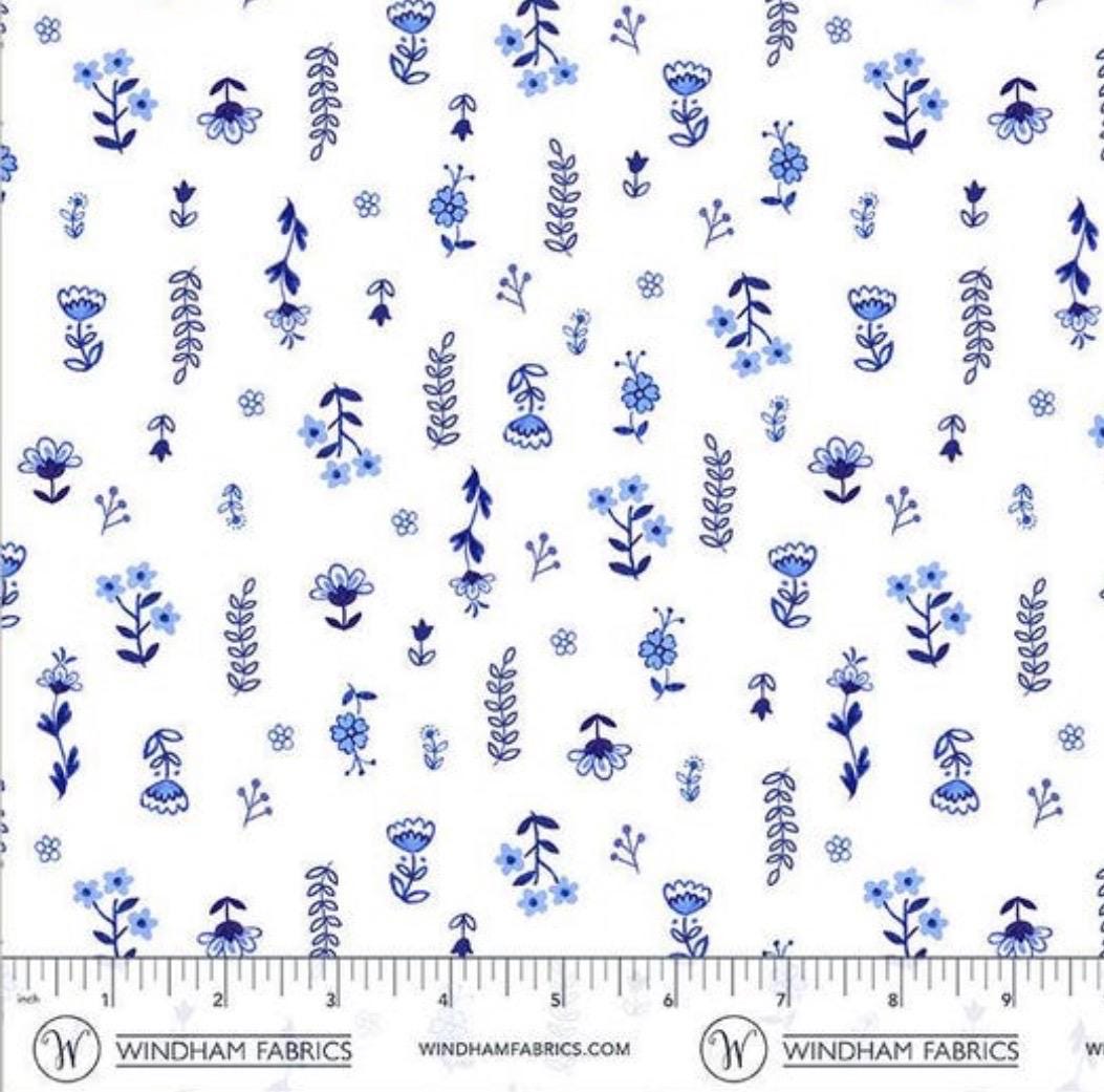 Painted Florals in White Blue (55346-1) | Chateau Meow | Whistler Studios | Windham | Sold by the Half Yard