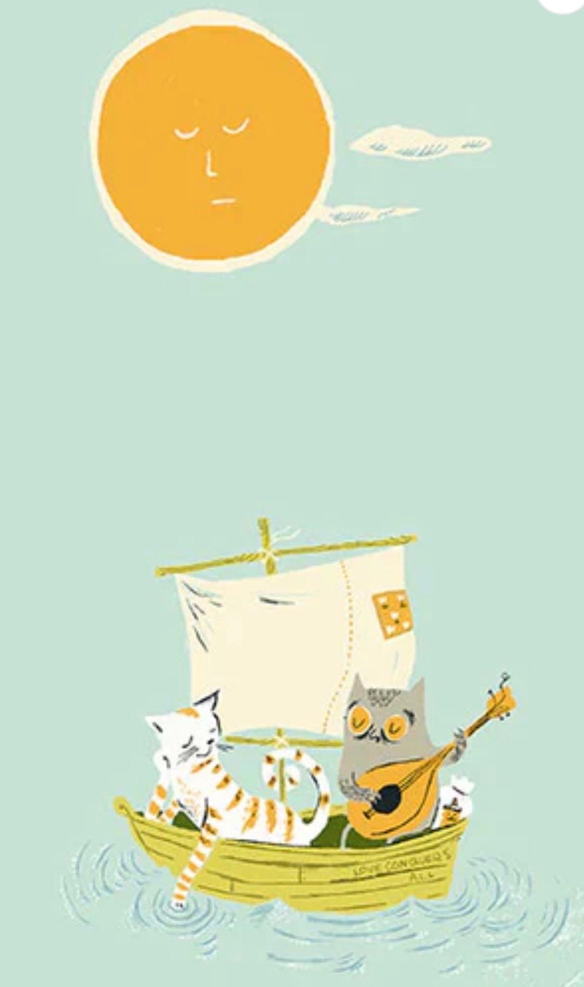 May include: Illustration of a yellow boat with two cats sailing on water. One cat is striped, the other is gray and playing a lute. A smiling sun and clouds are in the sky. The boat has a white sail.