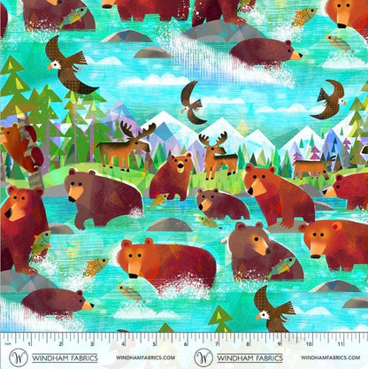 Bathing Bears Turquoise Fabric | Animal Kingdom by Gareth Lucas | Windham Fabrics | Sold by the Half Yard