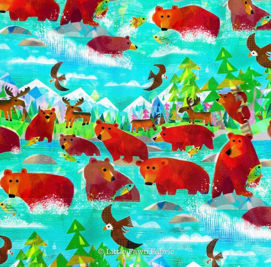 Bathing Bears Turquoise Fabric | Animal Kingdom by Gareth Lucas | Windham Fabrics | Sold by the Half Yard