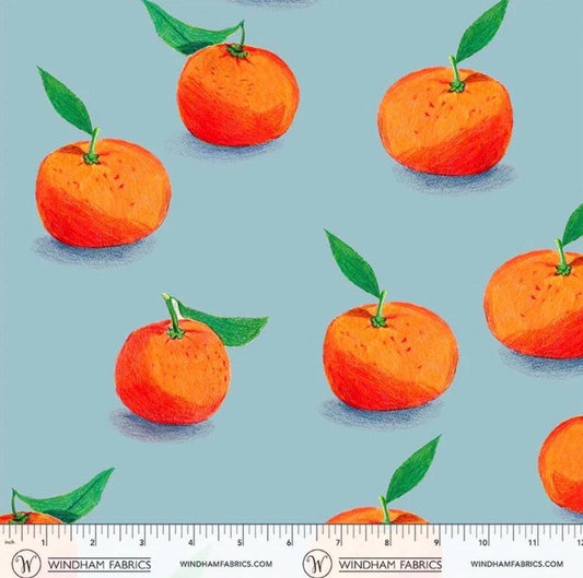 PRE-Order Heather Ross- Market - Cotton Lawn - Clementine on light blue | Sold Half Yard - May 2027