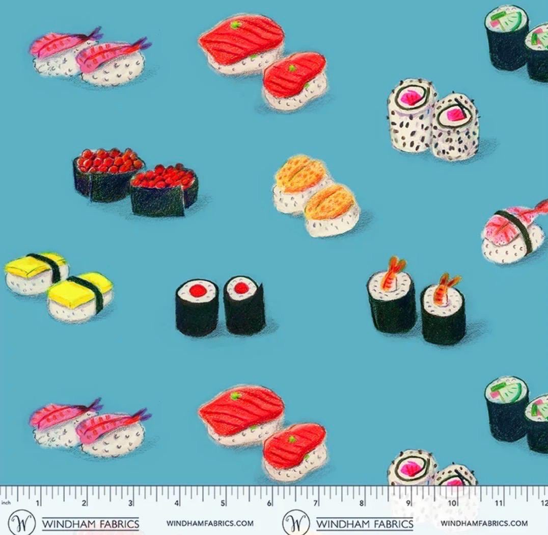 PRE-Order Heather Ross- Market - Cotton Lawn - Sushi on blue | Sold Half Yard - May 2027