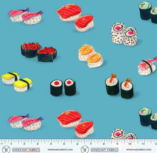 PRE-Order Heather Ross- Market - Cotton Lawn - Sushi on blue | Sold Half Yard - May 2027