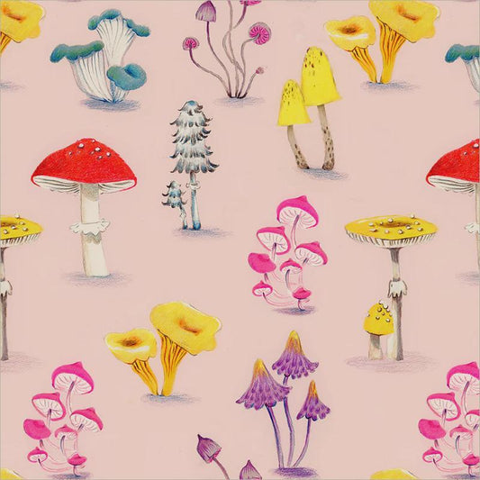 PRE-Order Heather Ross- Market - Cotton Lawn - Mushrooms on pale pink | Sold Half Yard - May 2027