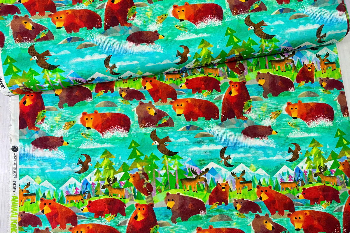 Bathing Bears Turquoise Fabric | Animal Kingdom by Gareth Lucas | Windham Fabrics | Sold by the Half Yard