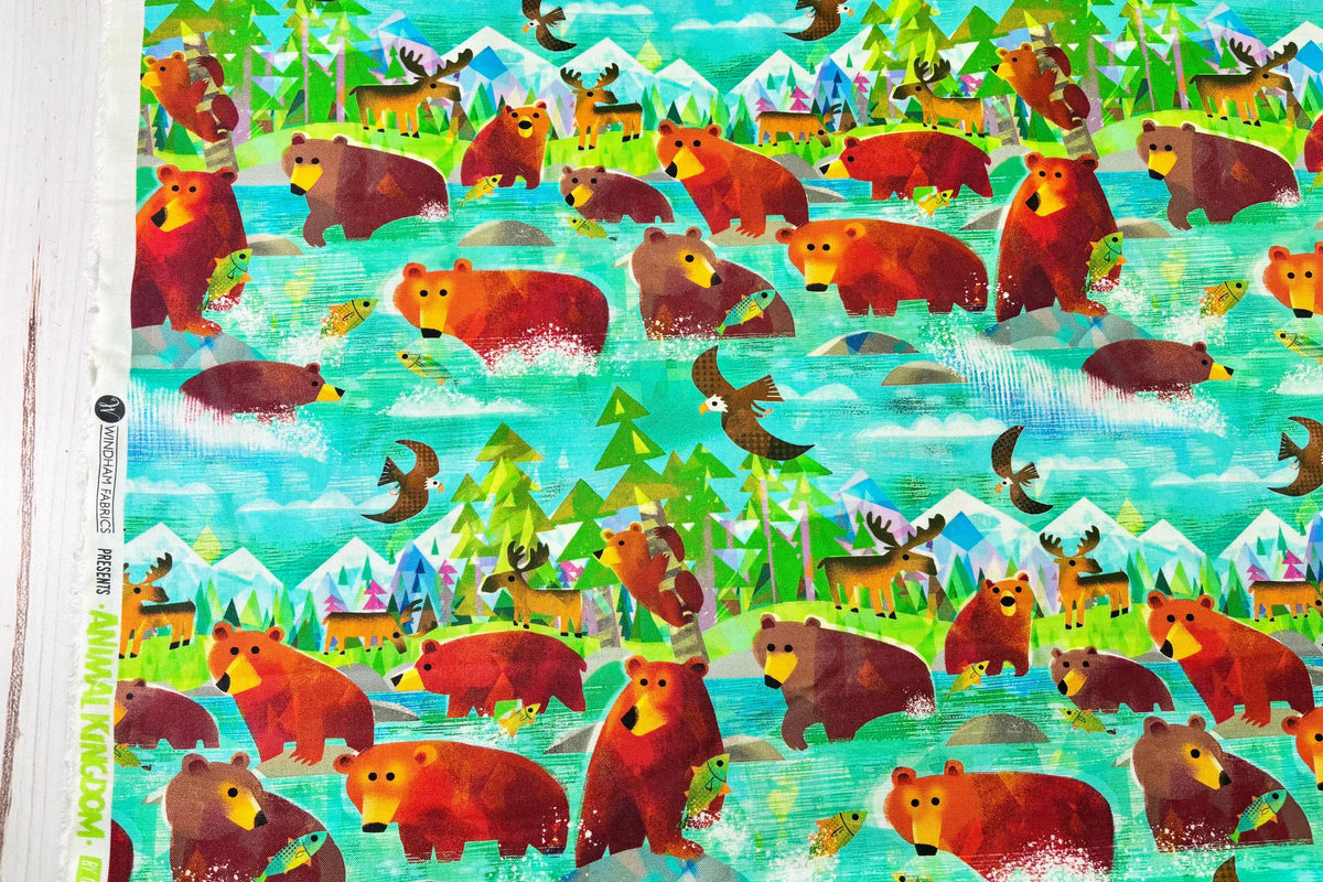 Bathing Bears Turquoise Fabric | Animal Kingdom by Gareth Lucas | Windham Fabrics | Sold by the Half Yard